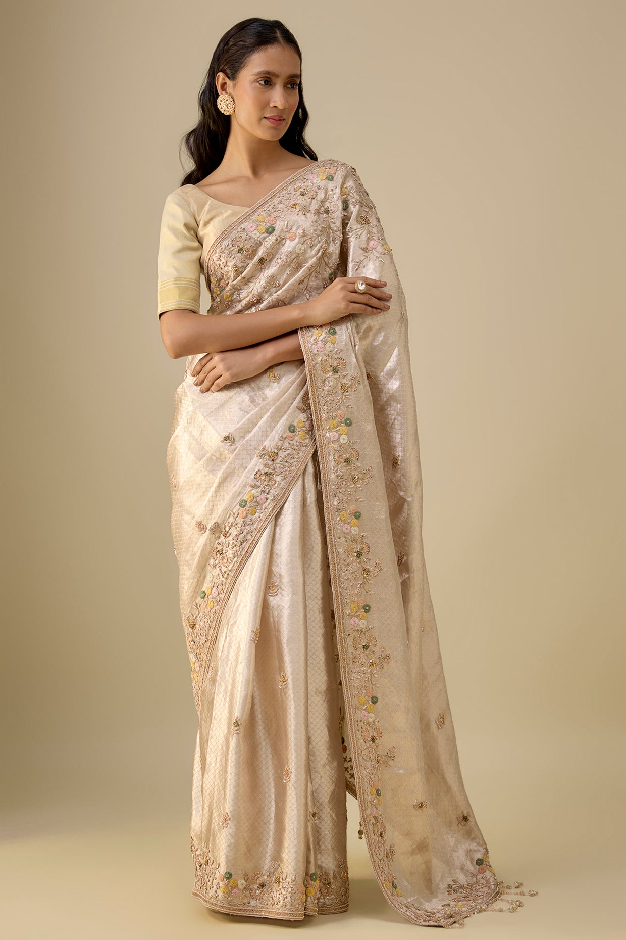 gold banarasi sequins embroidered saree set