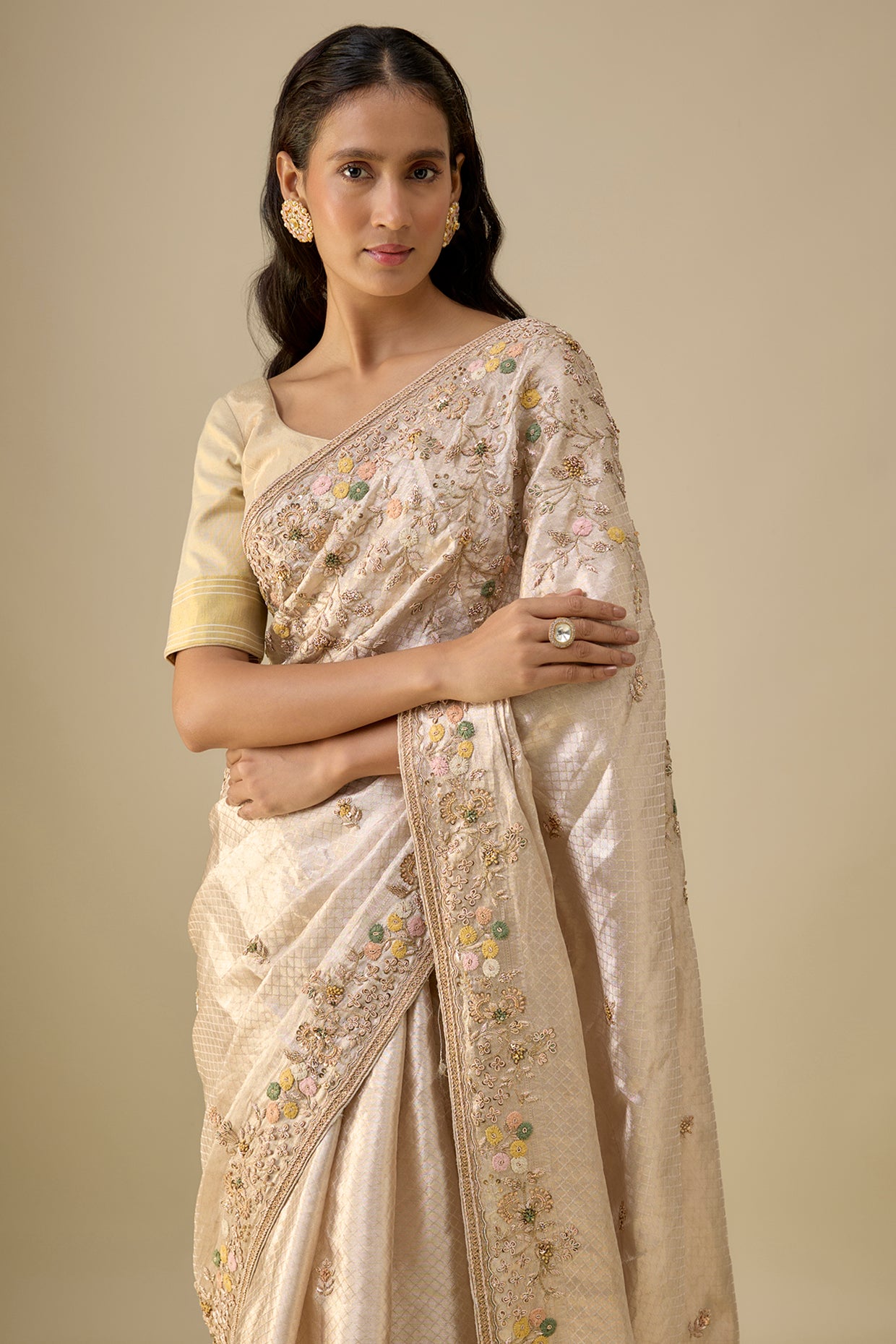 gold banarasi sequins embroidered saree set