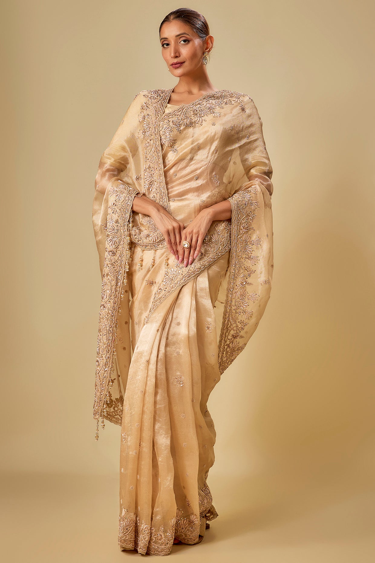 gold tissue hand & machine embroidered saree set