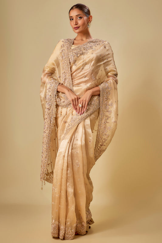 gold tissue hand & machine embroidered saree set