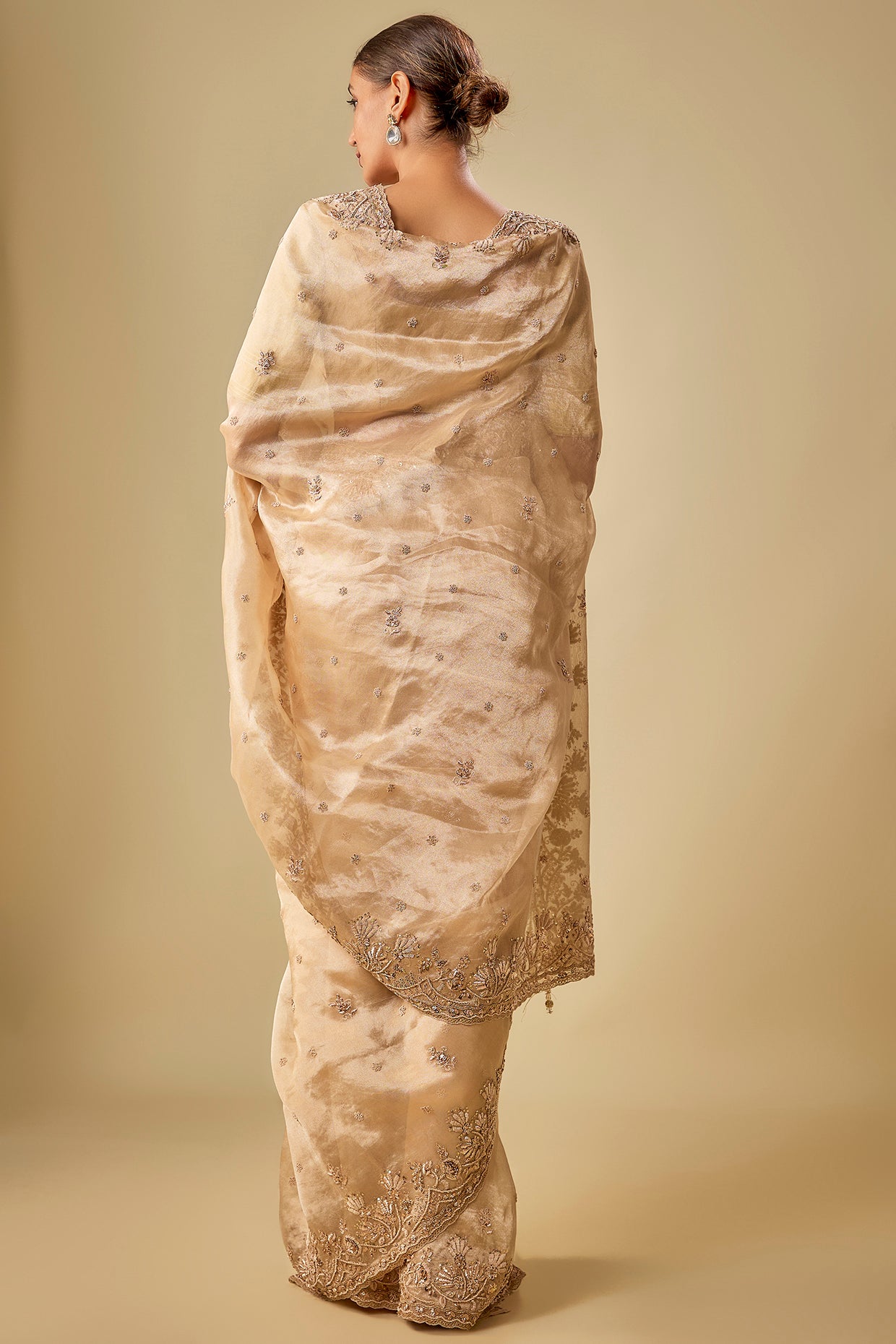 gold tissue hand & machine embroidered saree set