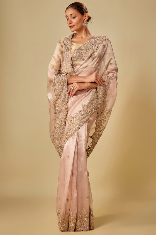 peach tissue hand & machine embroidered saree set
