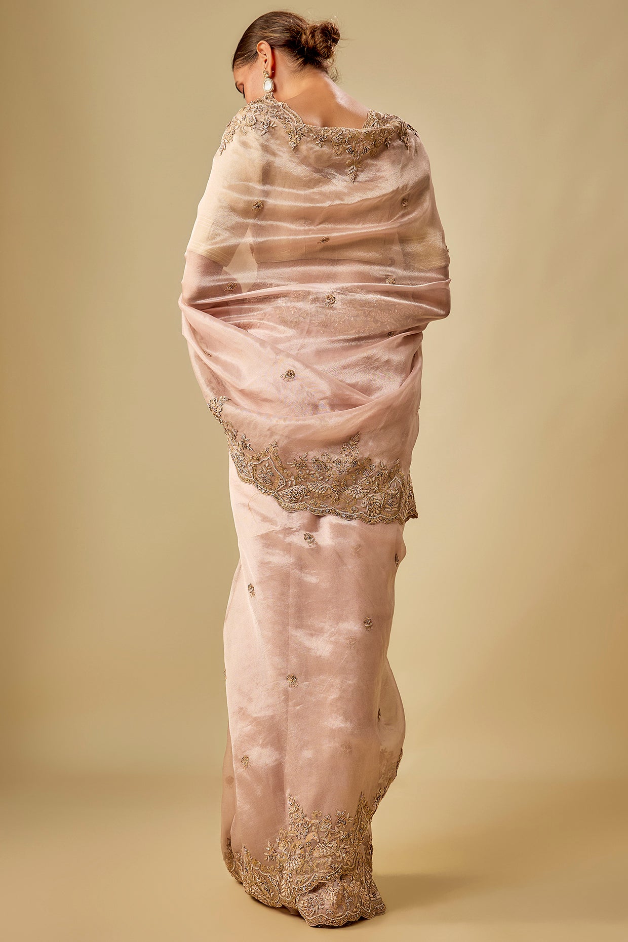 peach tissue hand & machine embroidered saree set