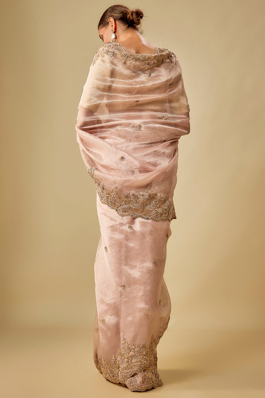 peach tissue hand & machine embroidered saree set