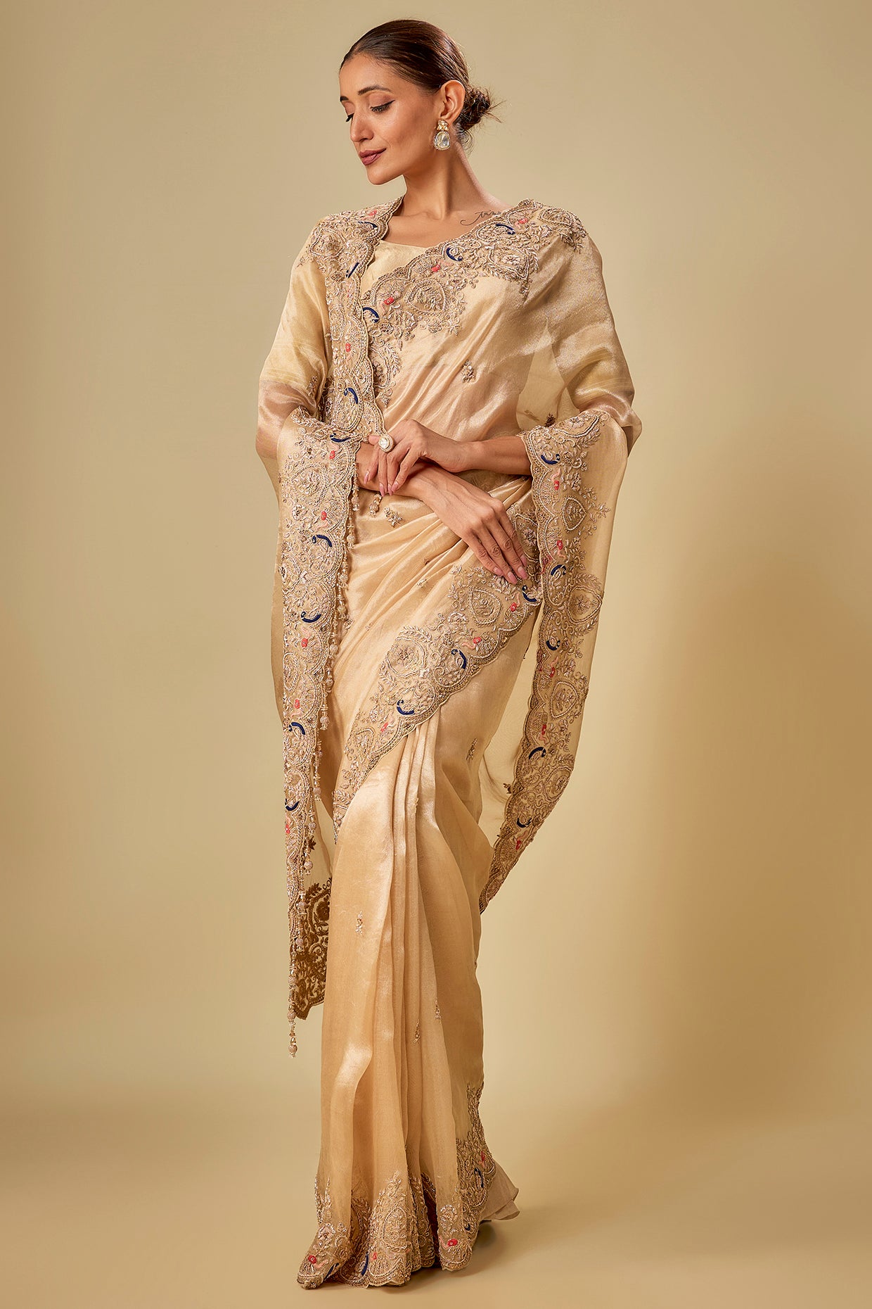 gold tissue hand & machine embroidered saree set