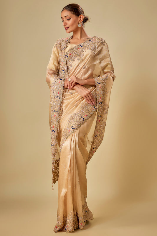 gold tissue hand & machine embroidered saree set