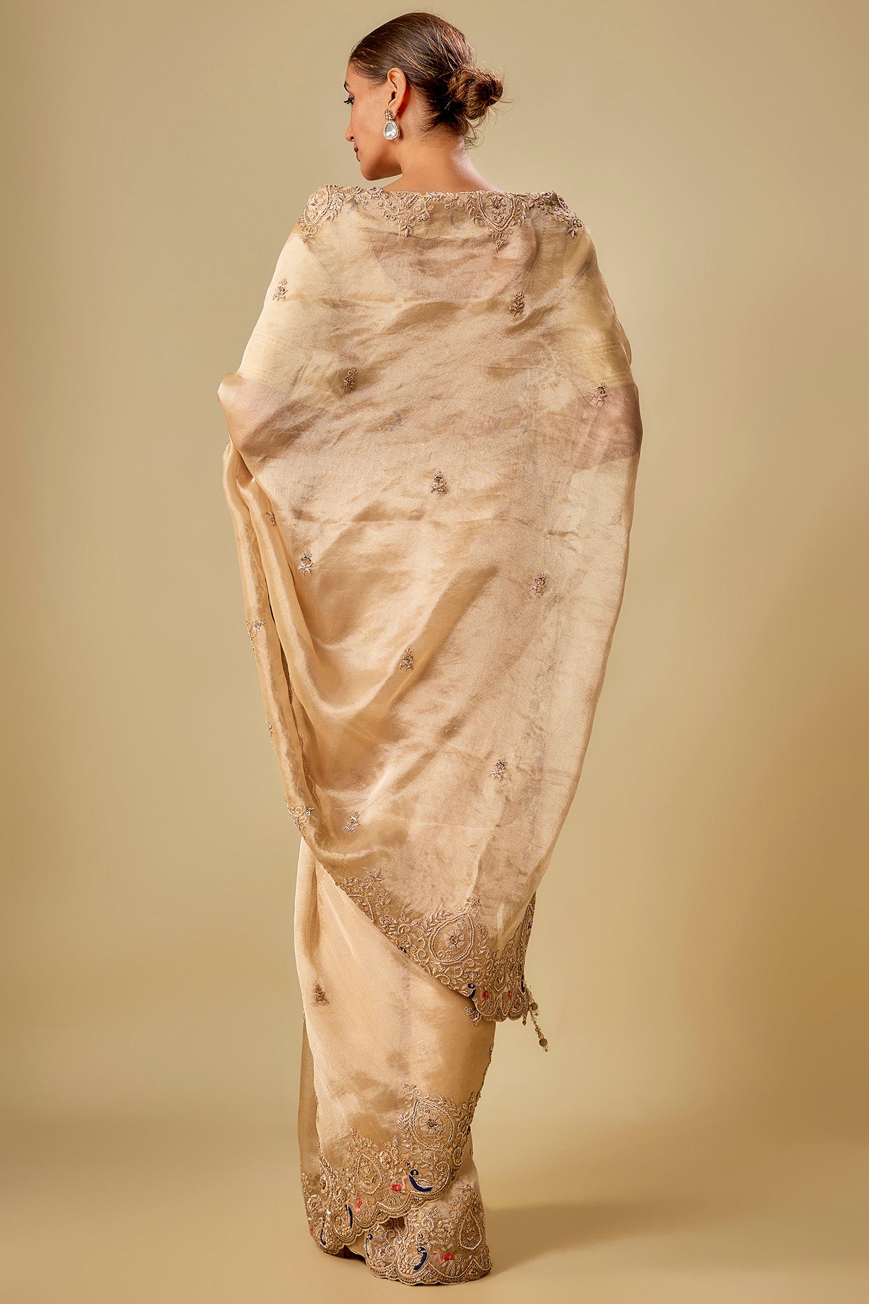 gold tissue hand & machine embroidered saree set