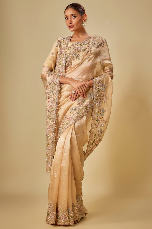 gold tissue hand & machine embroidered saree set