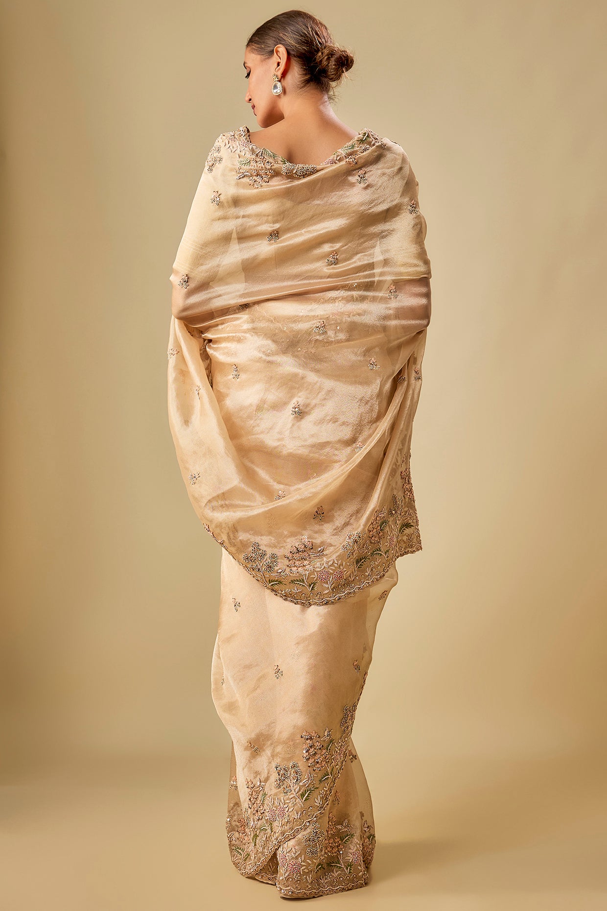 gold tissue hand & machine embroidered saree set