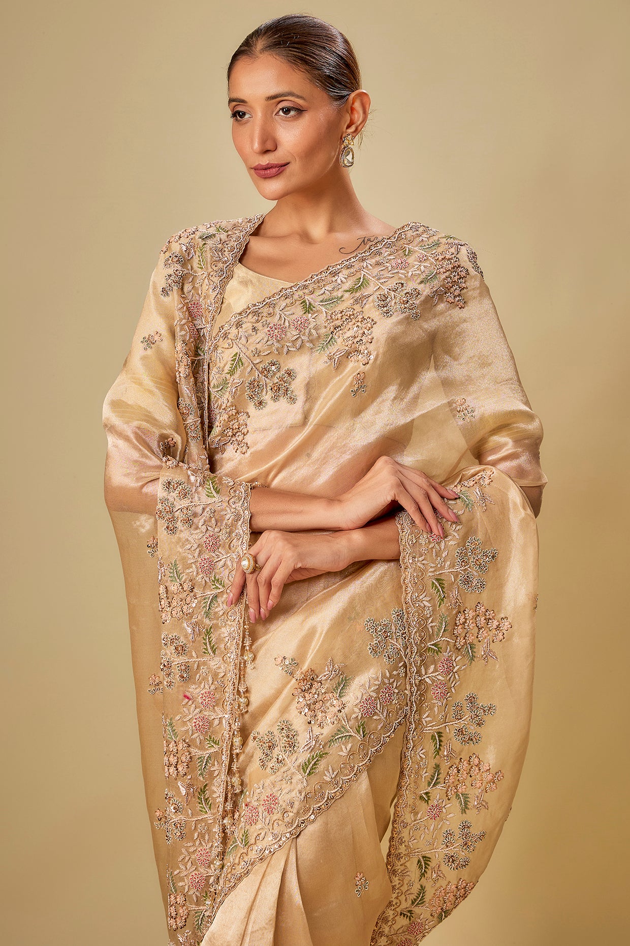 gold tissue hand & machine embroidered saree set