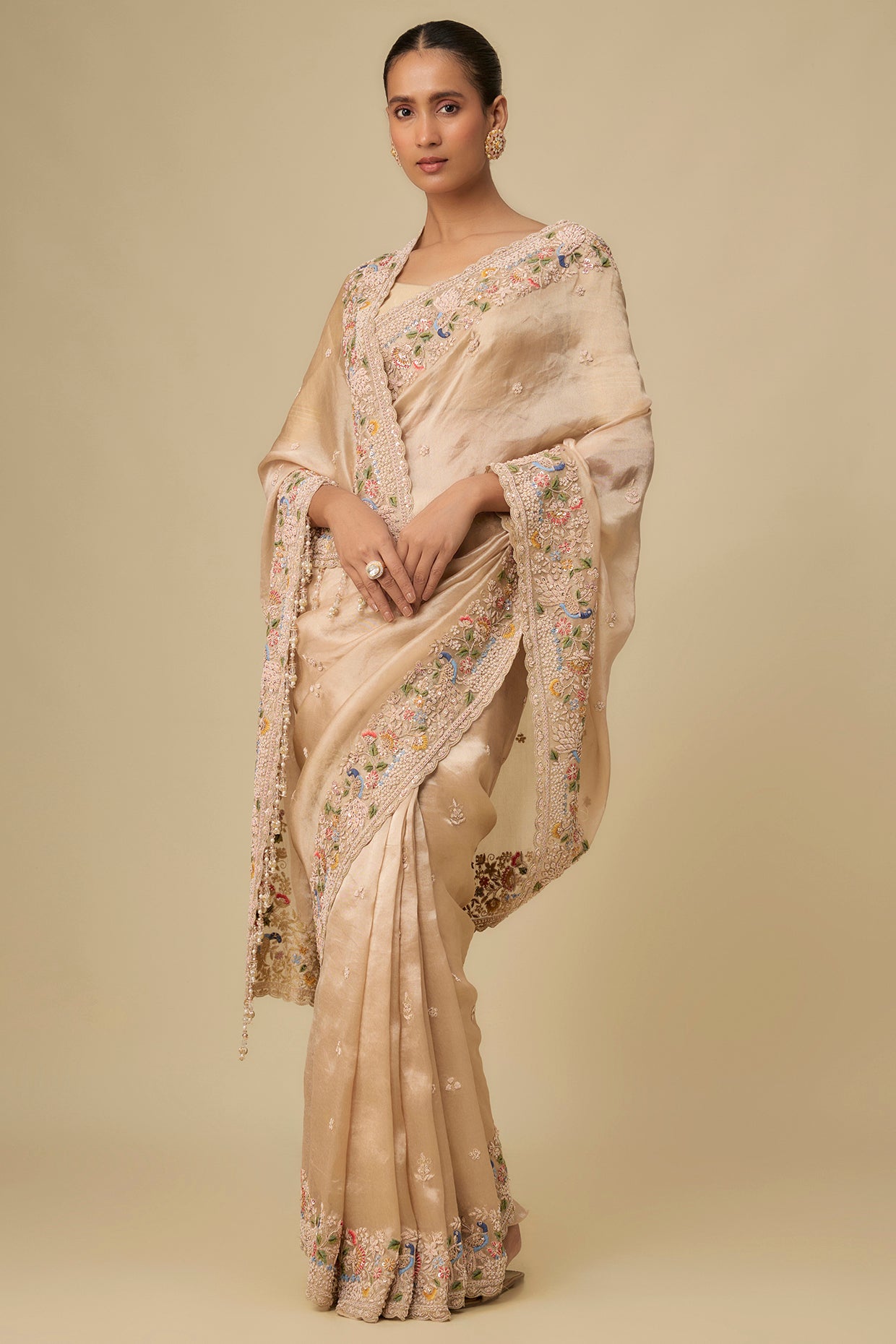 gold tissue hand & machine embroidered saree set