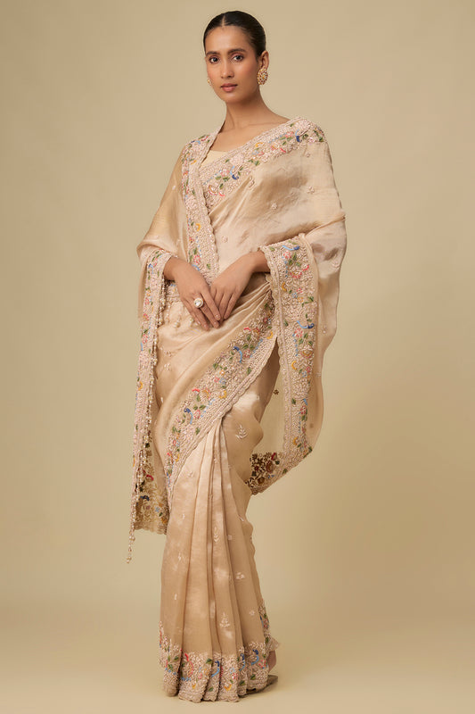 gold tissue hand & machine embroidered saree set