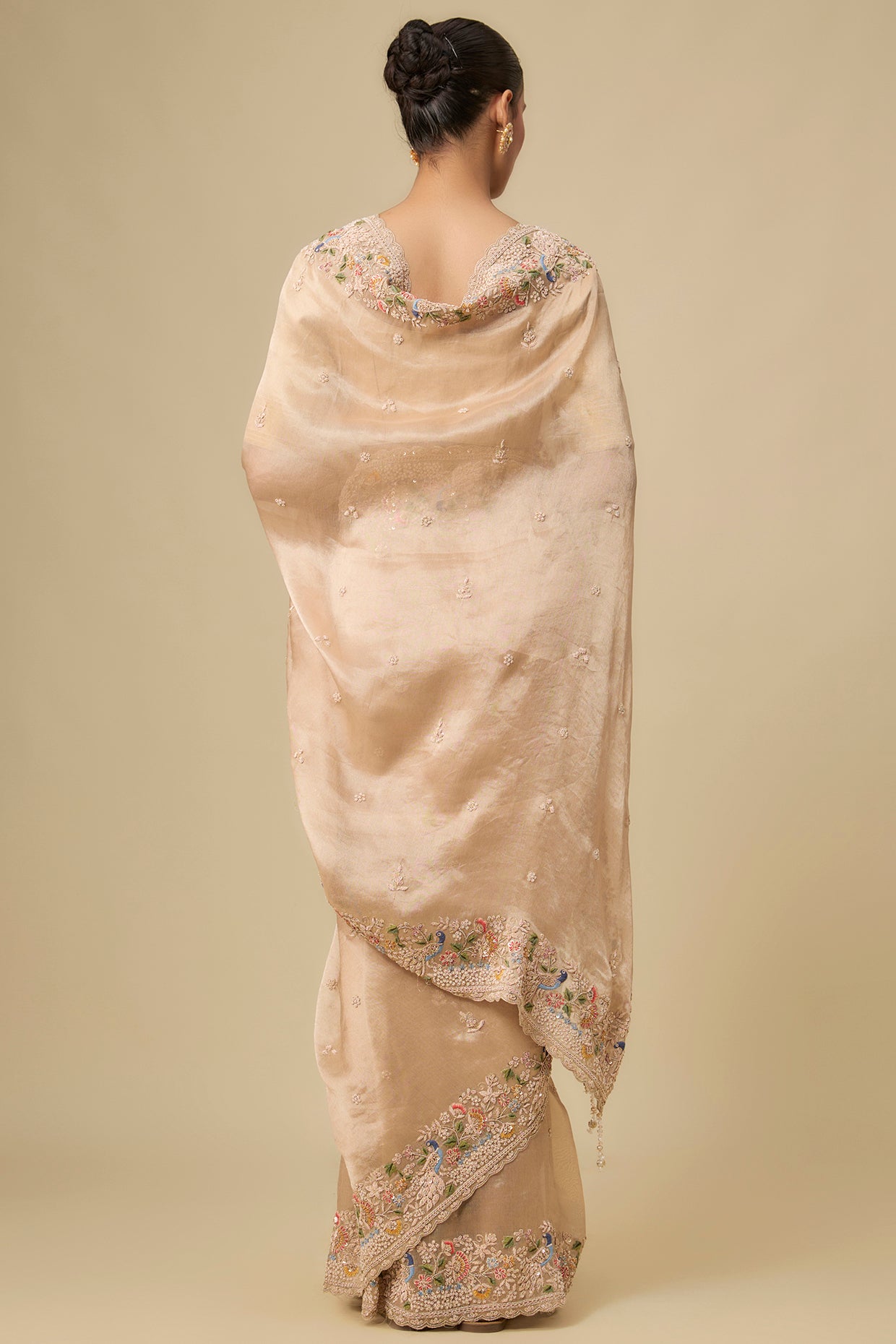 gold tissue hand & machine embroidered saree set