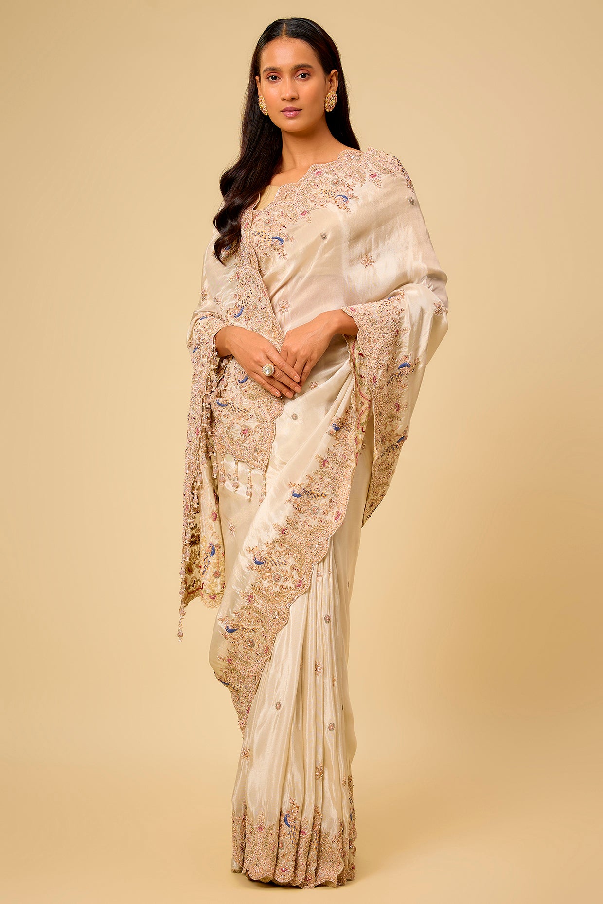 ivory tissue hand & machine embroidered saree set