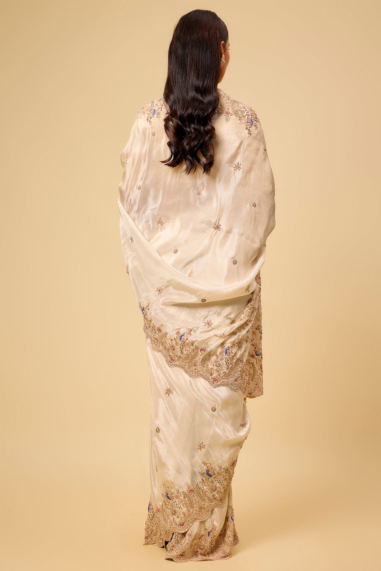 ivory tissue hand & machine embroidered saree set