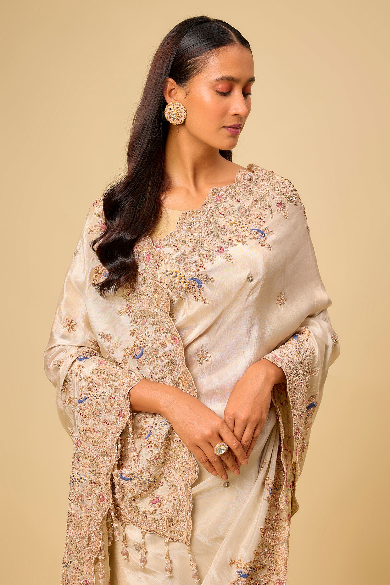 ivory tissue hand & machine embroidered saree set