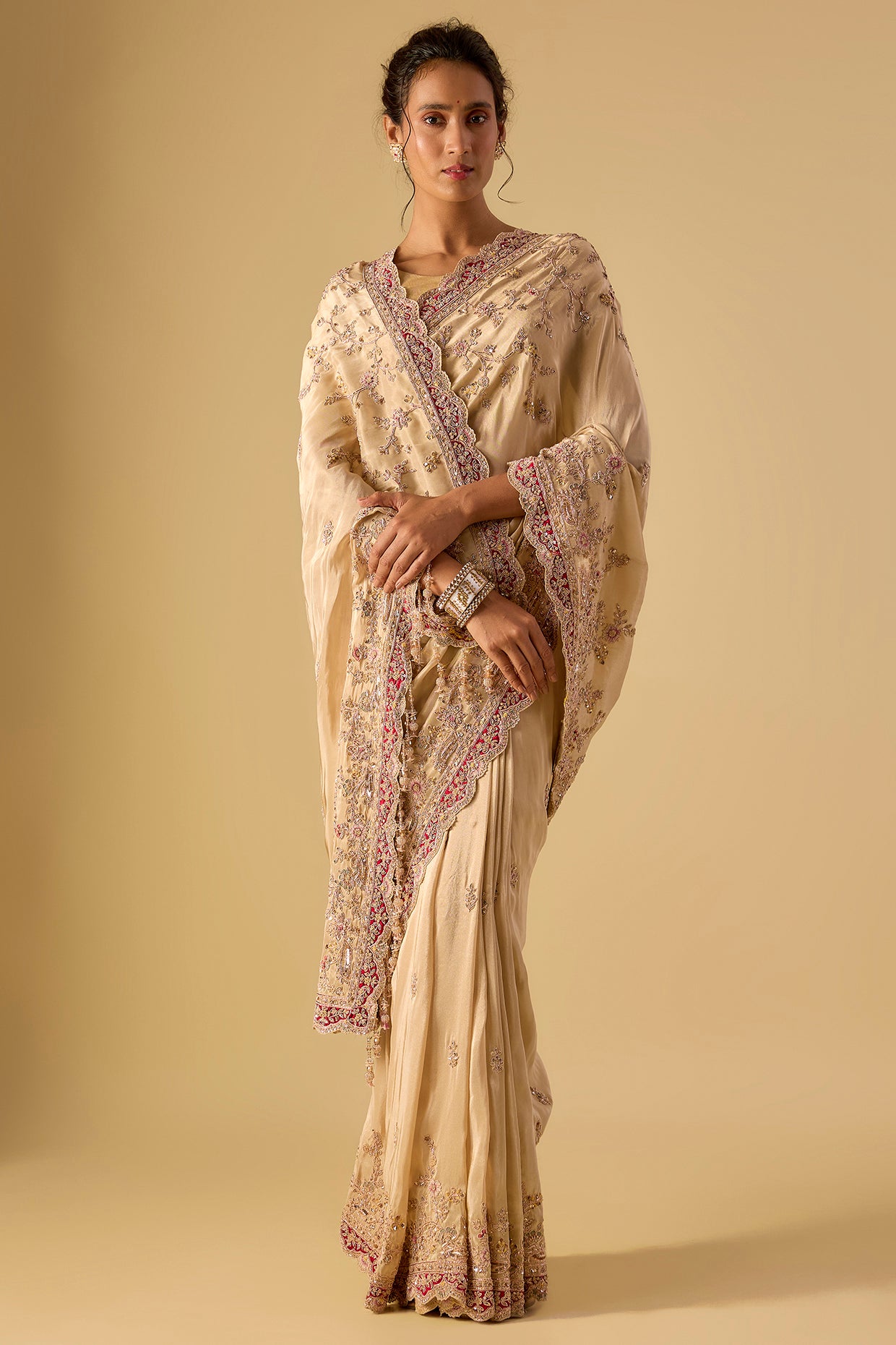 ivory tissue hand & machine embroidered saree set