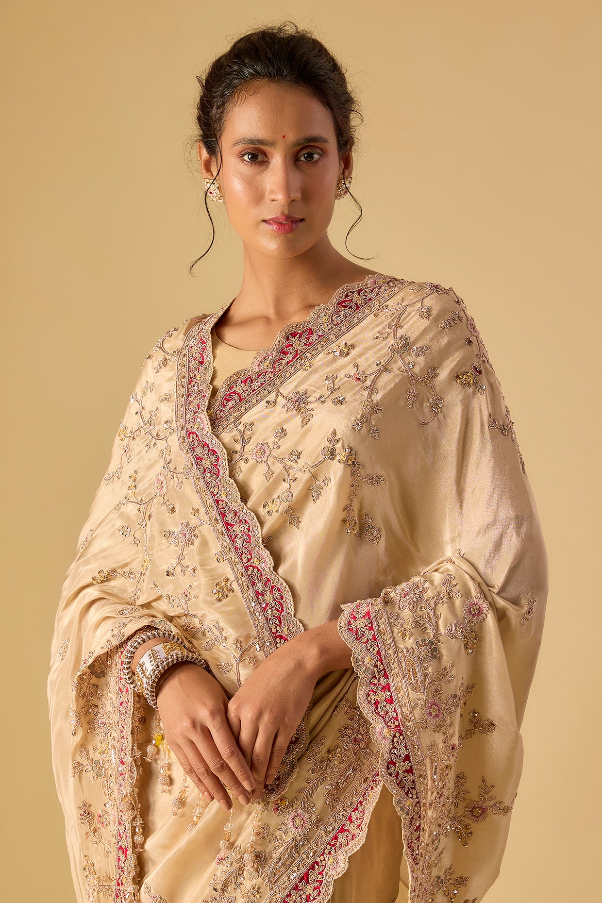 ivory tissue hand & machine embroidered saree set