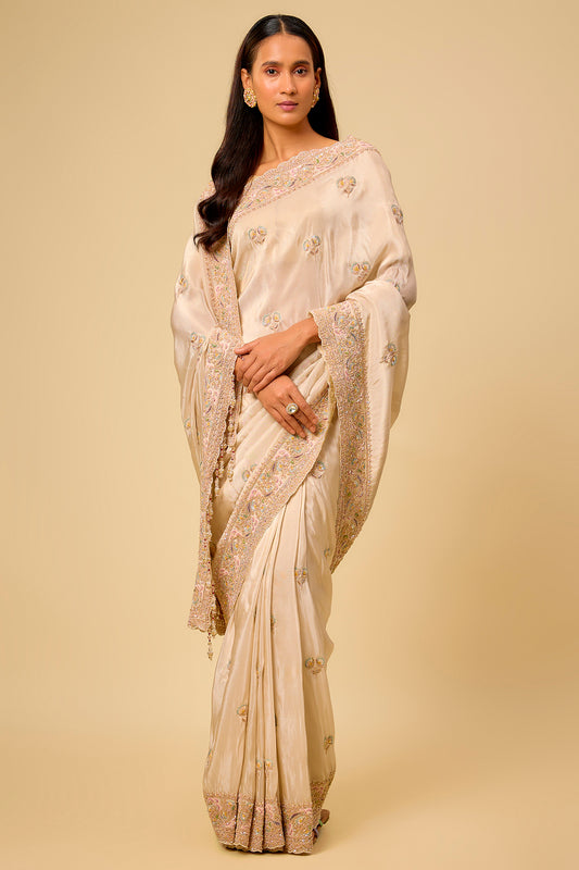 ivory tissue hand & machine embroidered saree set