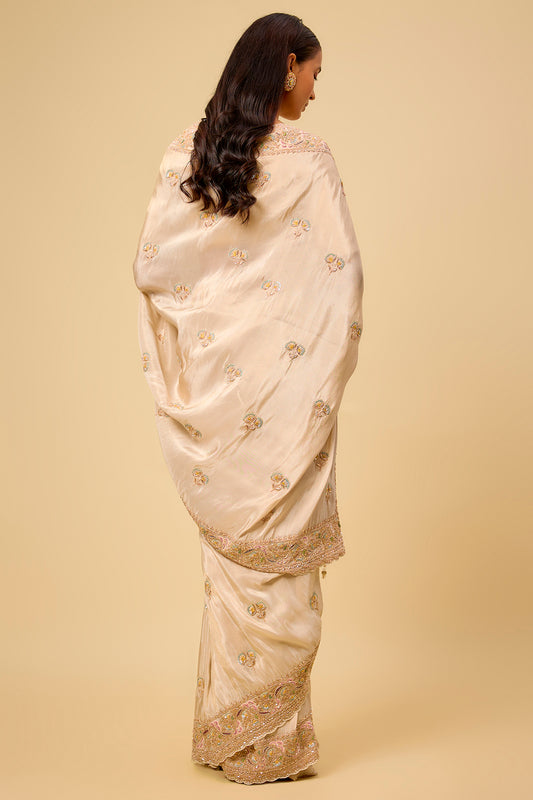 ivory tissue hand & machine embroidered saree set