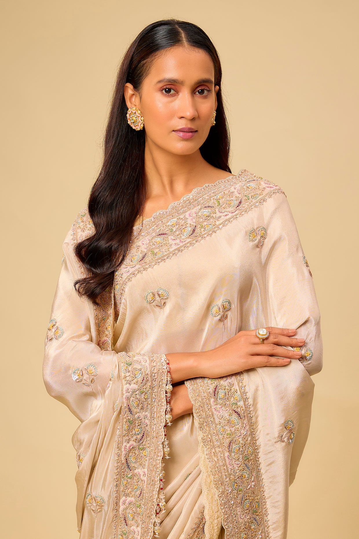 ivory tissue hand & machine embroidered saree set