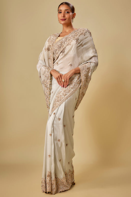 ivory tissue hand & machine embroidered saree set