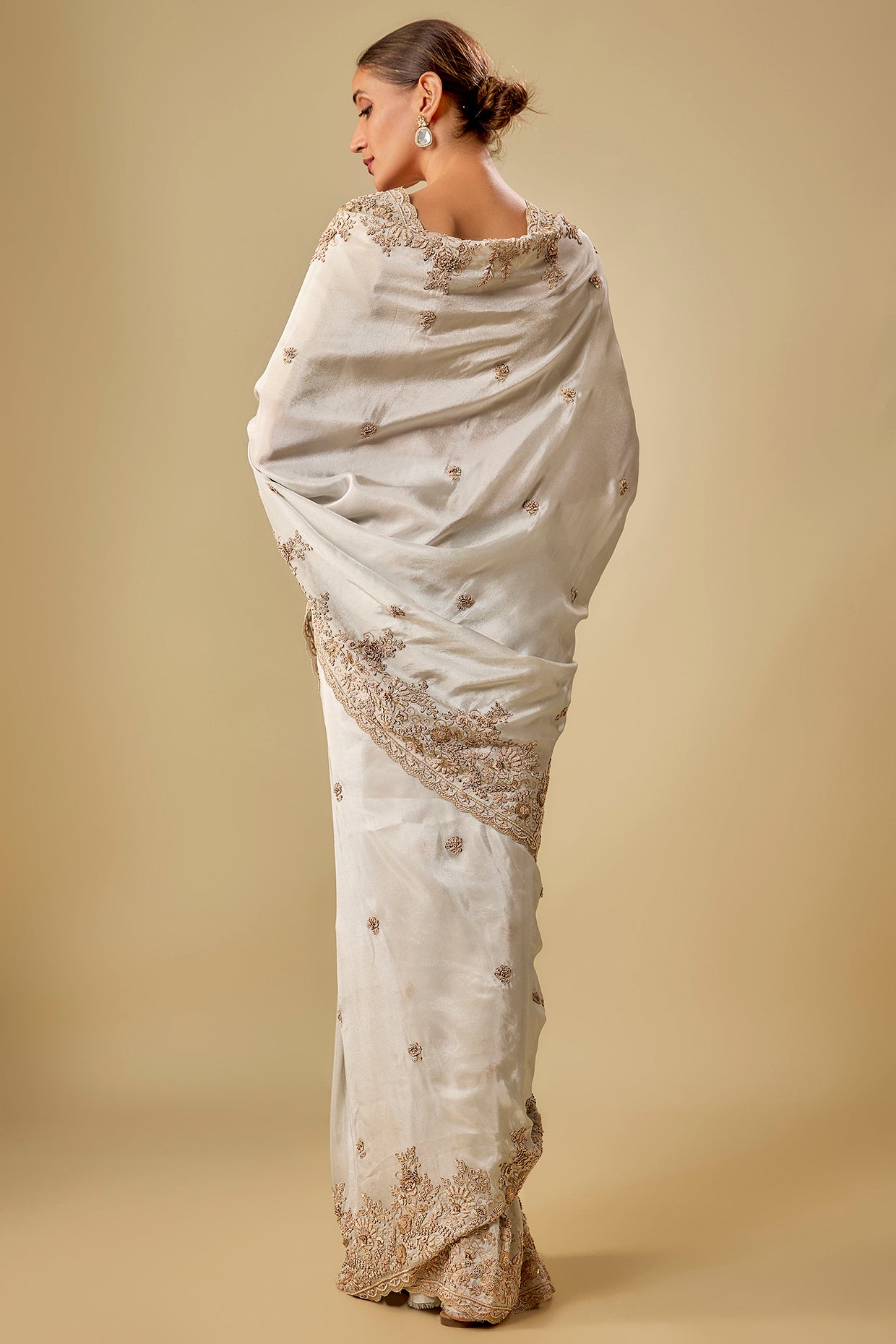 ivory tissue hand & machine embroidered saree set