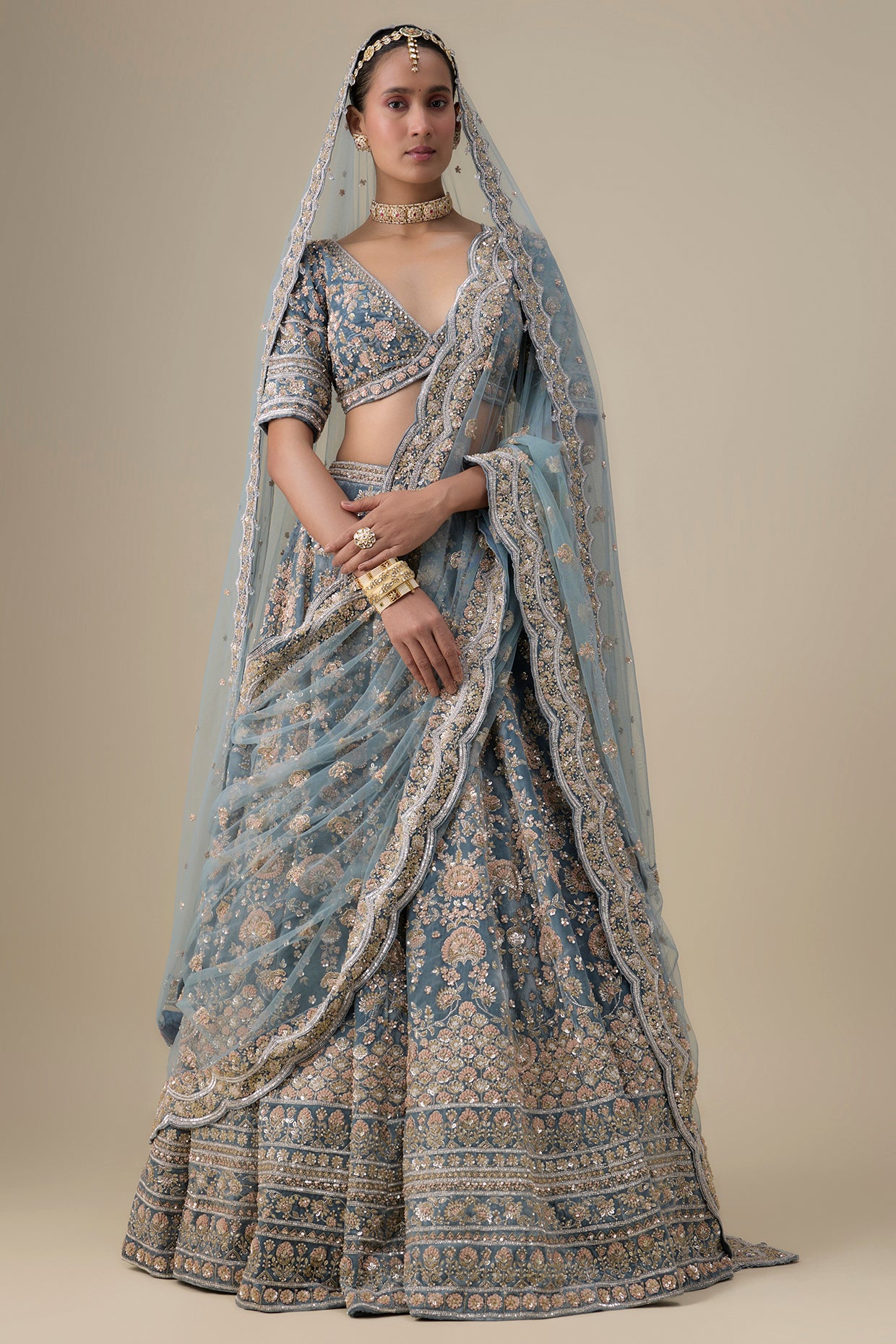 teal blue velvet hand embroidered lehenga set