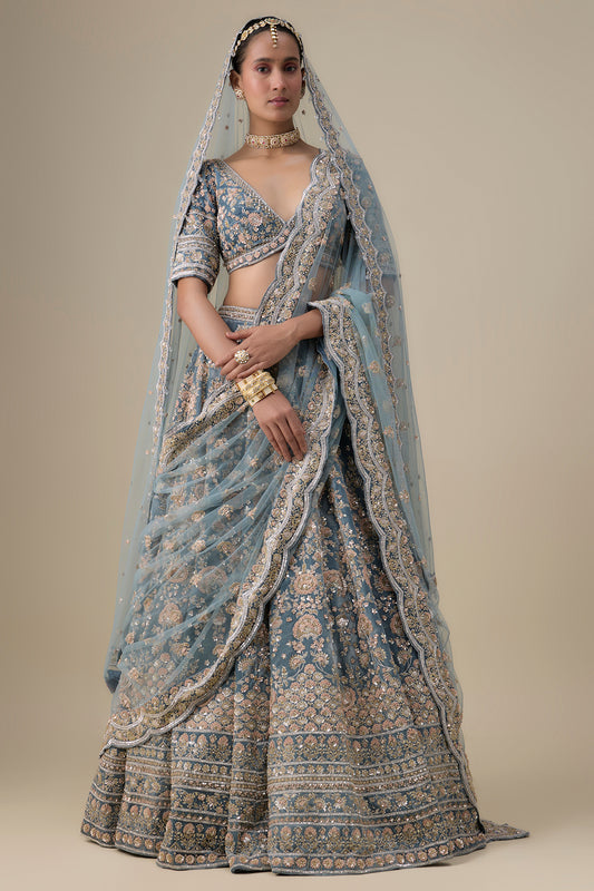 teal blue velvet hand embroidered lehenga set