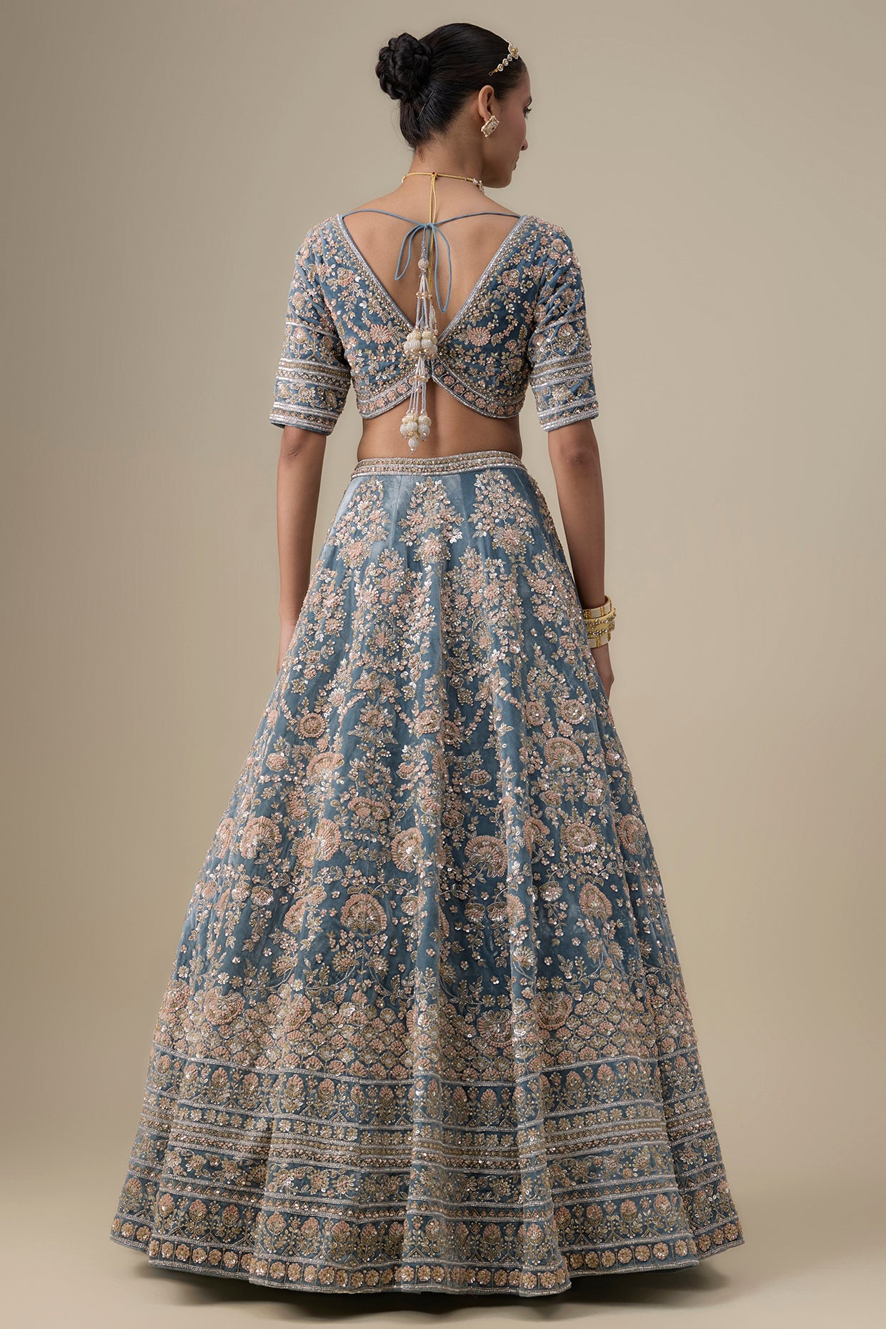 teal blue velvet hand embroidered lehenga set