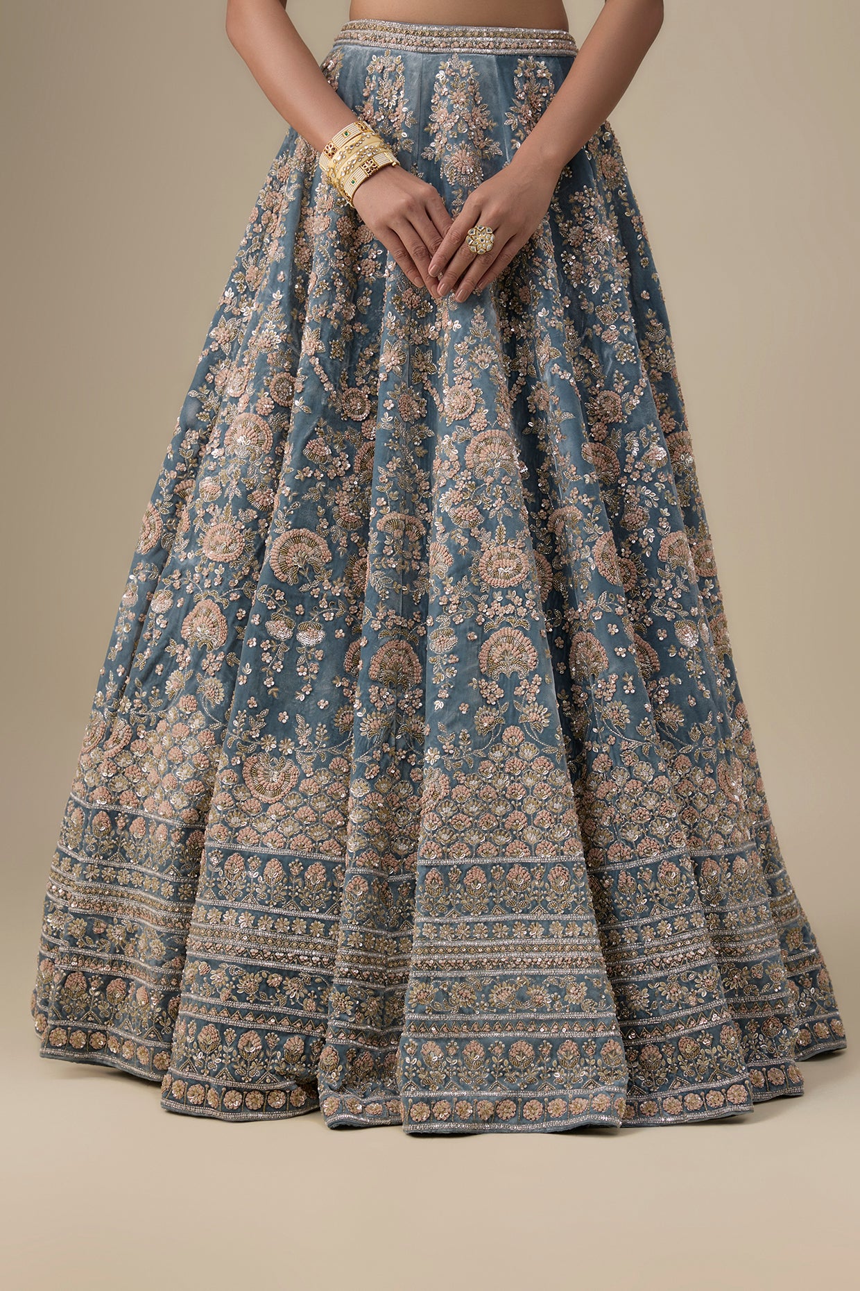 teal blue velvet hand embroidered lehenga set