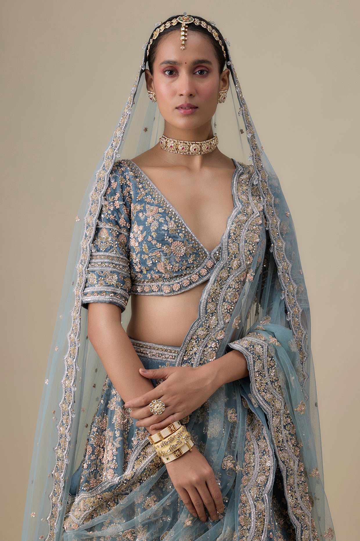 teal blue velvet hand embroidered lehenga set