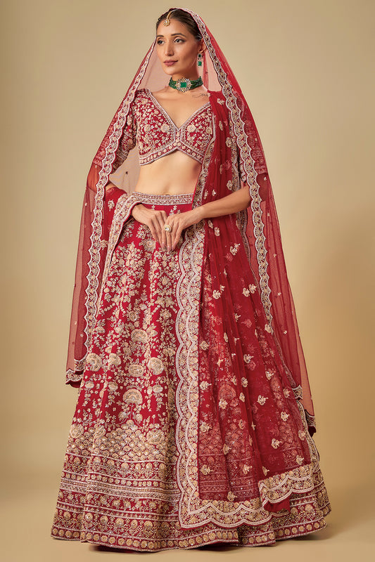 red raw silk hand embroidered lehenga set