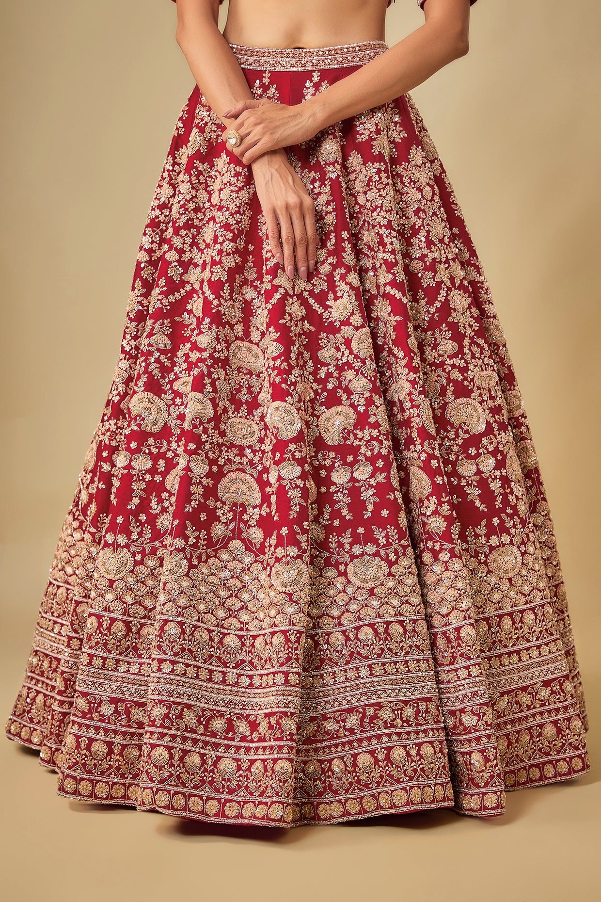red raw silk hand embroidered lehenga set