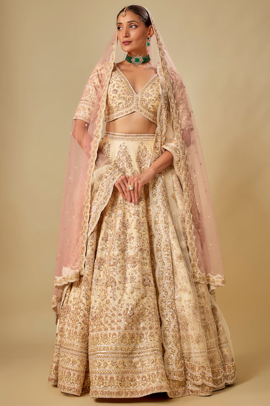 ivory raw silk hand embroidered lehenga set