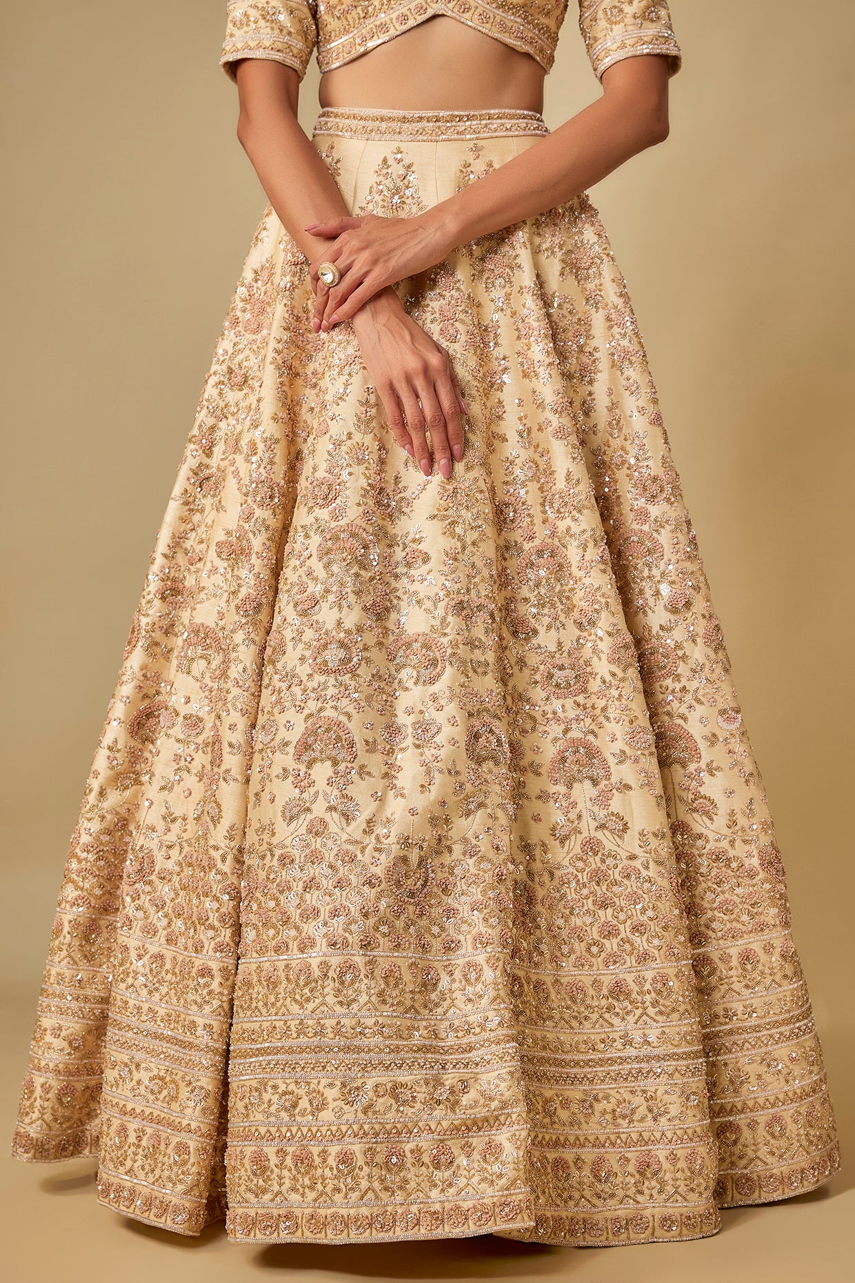 ivory raw silk hand embroidered lehenga set