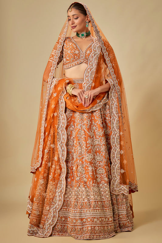 rust raw silk hand & machine embroidered lehenga set