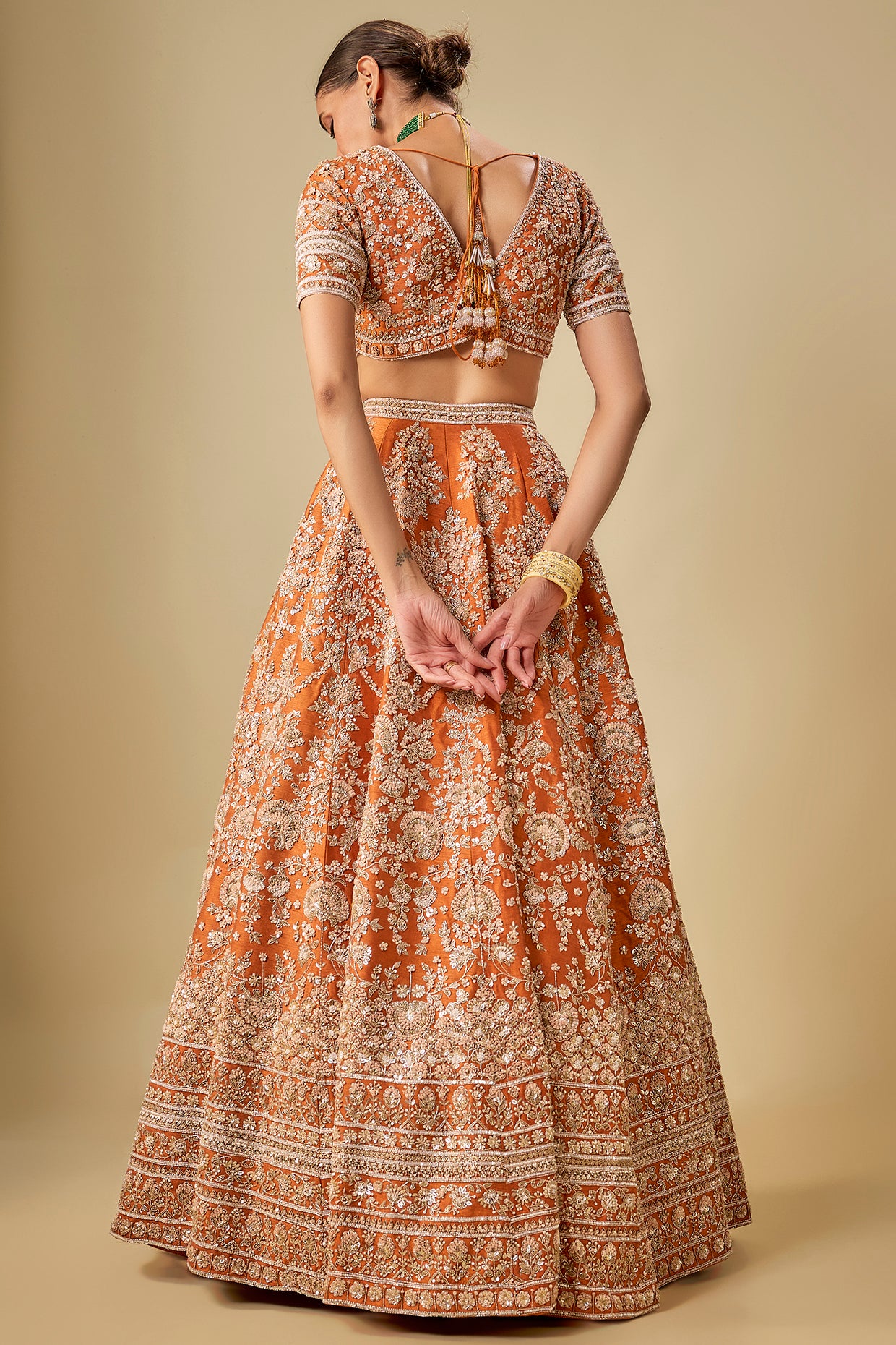 rust raw silk hand & machine embroidered lehenga set