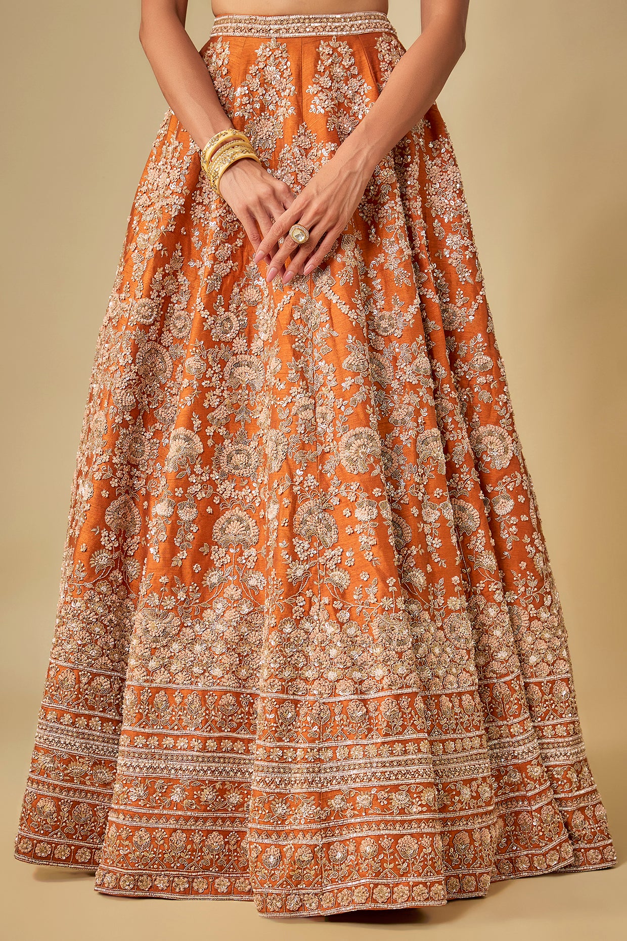 rust raw silk hand & machine embroidered lehenga set