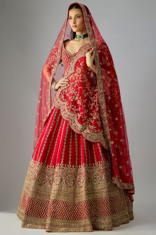 red raw silk embroidered lehenga set