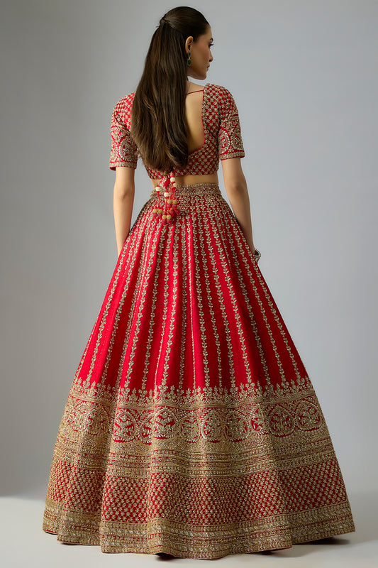 red raw silk embroidered lehenga set