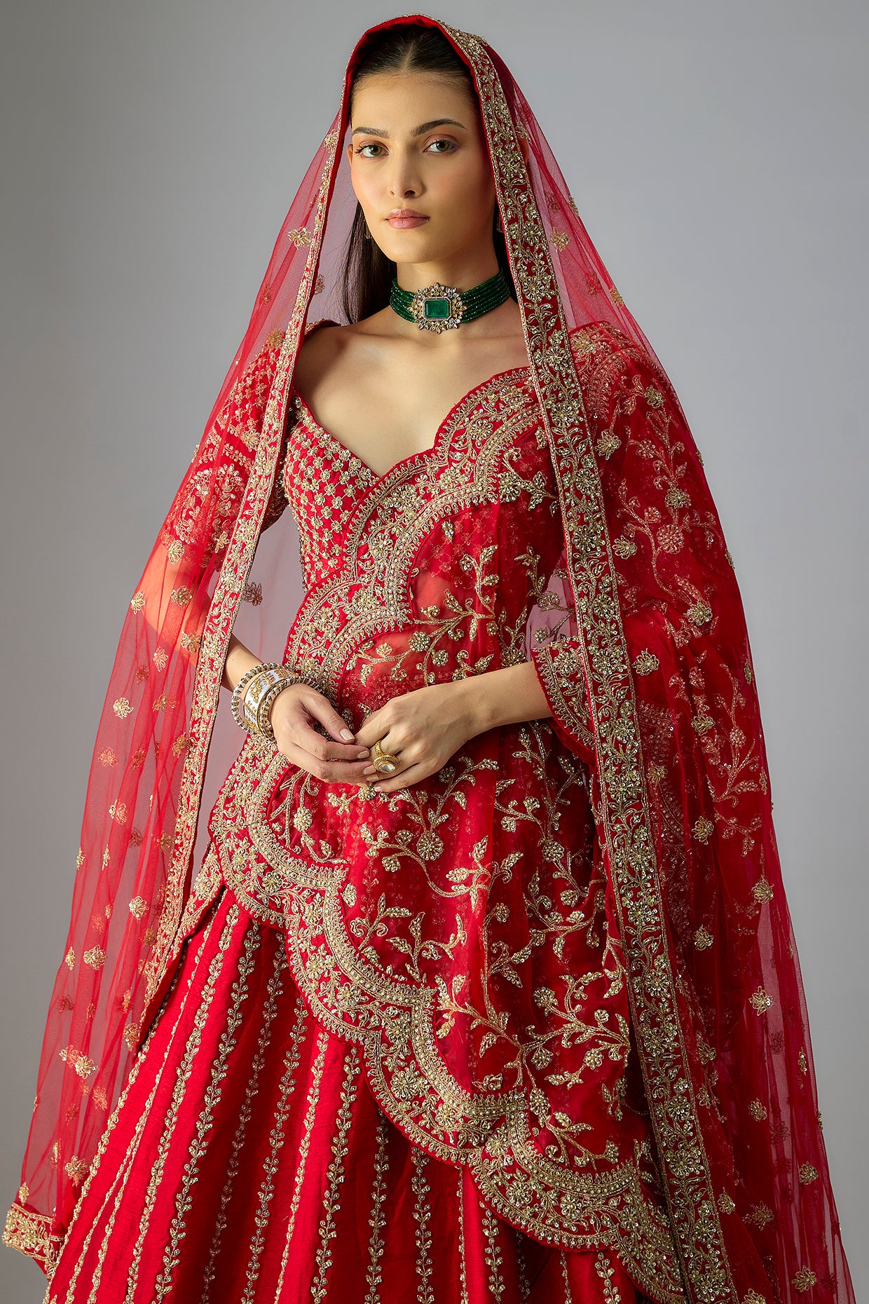 red raw silk embroidered lehenga set