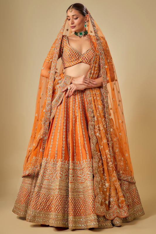 rust raw silk hand & machine embroidered lehenga set
