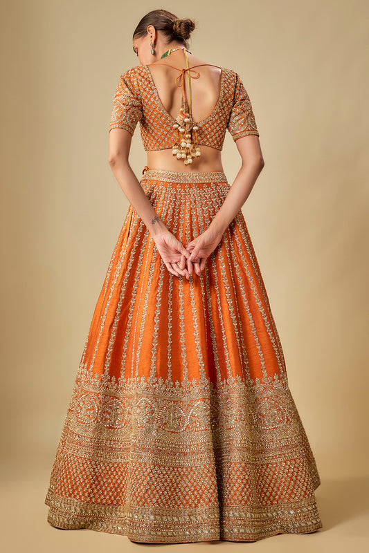 rust raw silk hand & machine embroidered lehenga set