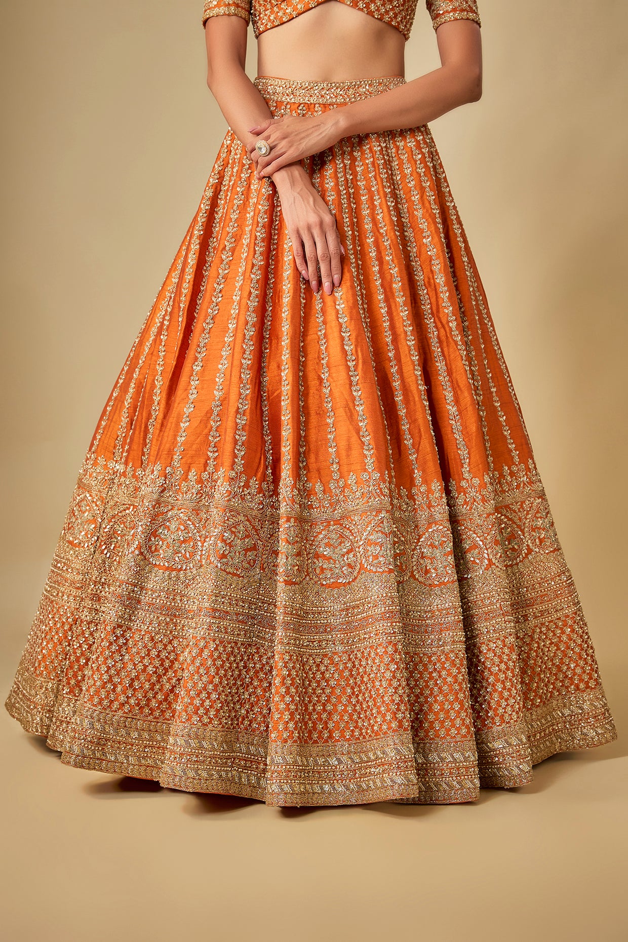 rust raw silk hand & machine embroidered lehenga set