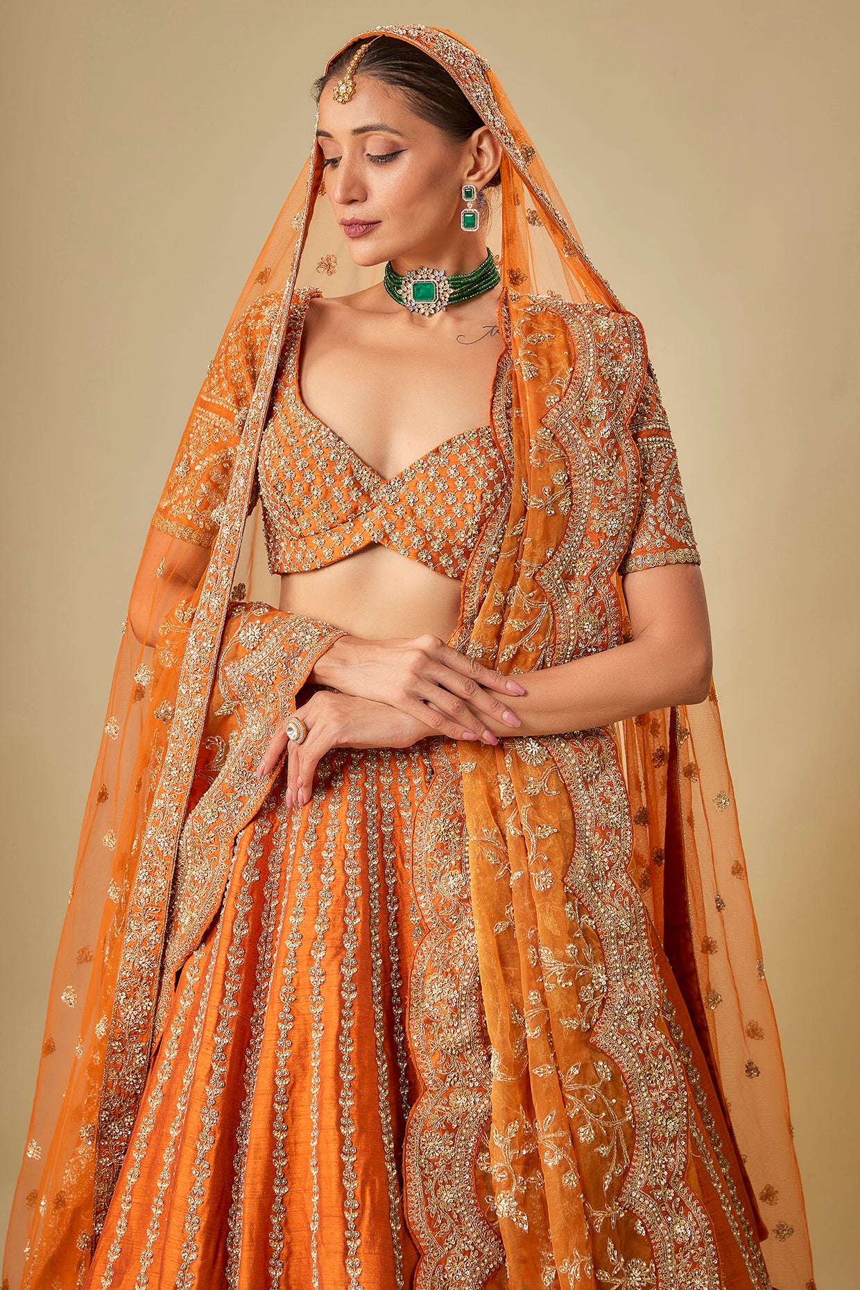rust raw silk hand & machine embroidered lehenga set
