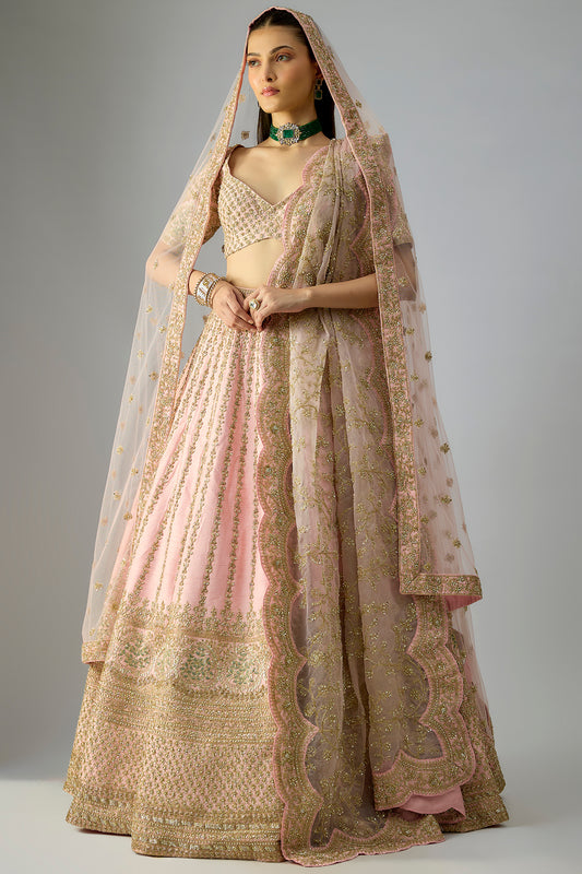 pink raw silk embroidered lehenga set