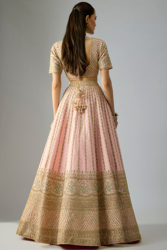 pink raw silk embroidered lehenga set