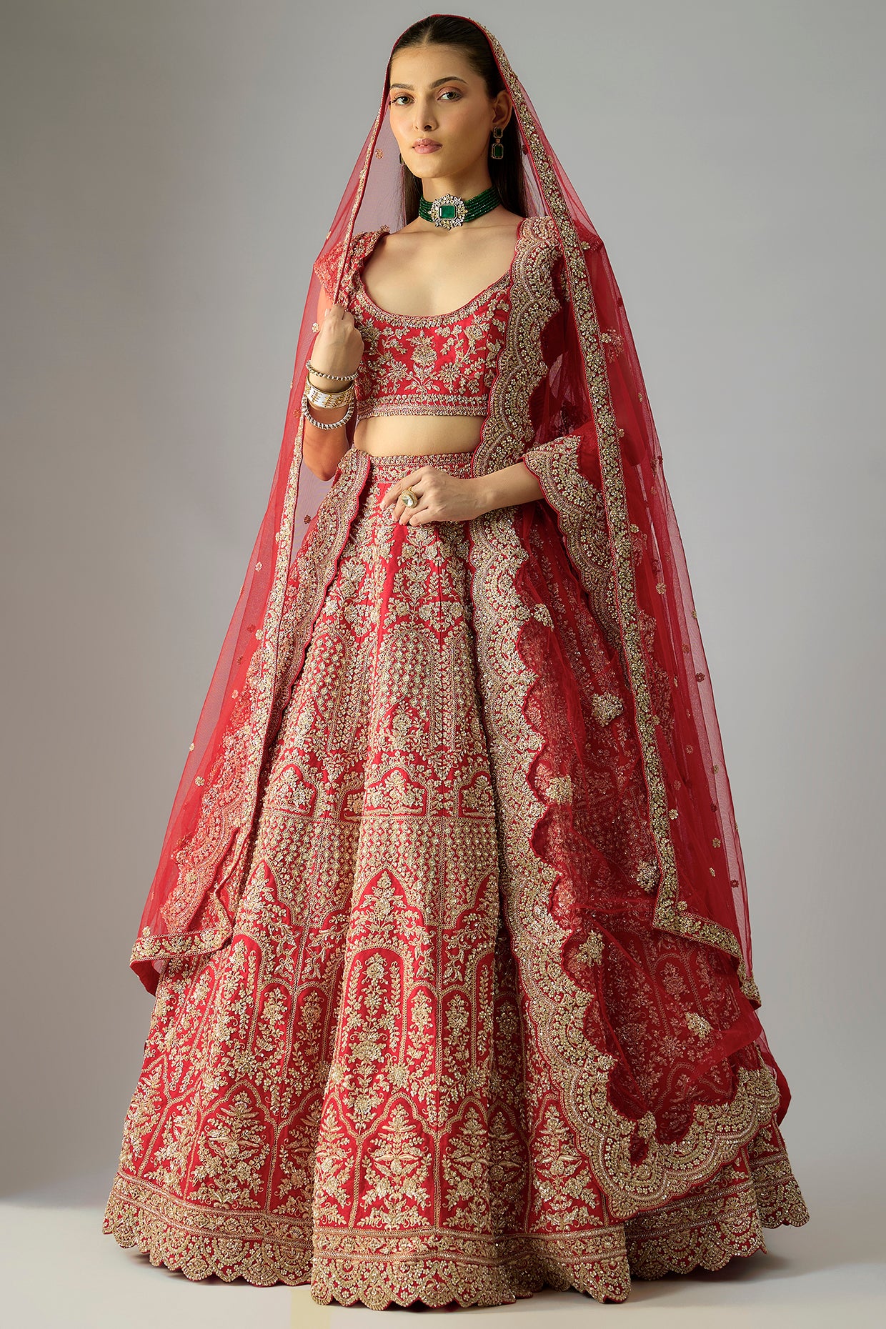 red raw silk embroidered lehenga set