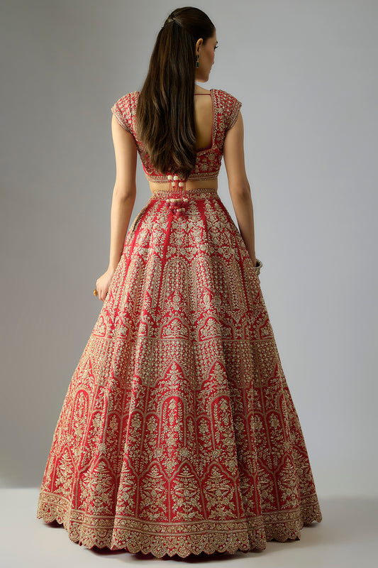 red raw silk embroidered lehenga set